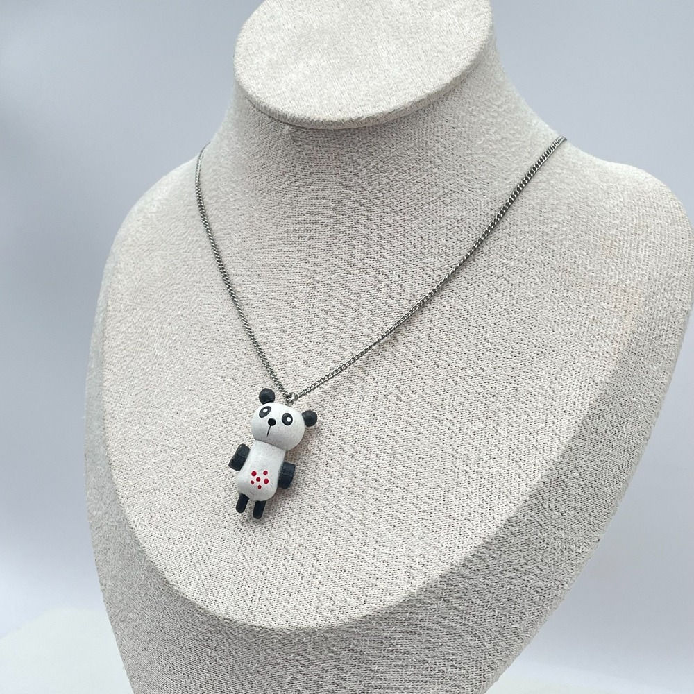 Contemporary Hand-Painted Silver-Tone Curb Chain Panda Pendant Lobster Necklace